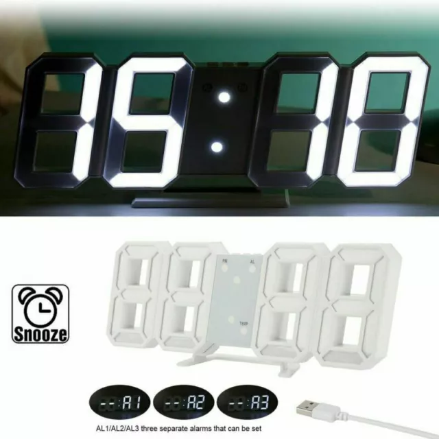 Electronic 3D LED 24 Digital Table Wall Clock USB Display Alarm Clock Brightness