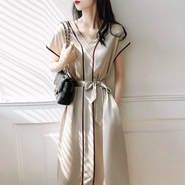 Femme Robe Satin avec Ceinture Faux Soie Col V Manche Courte Affaire Décontracté