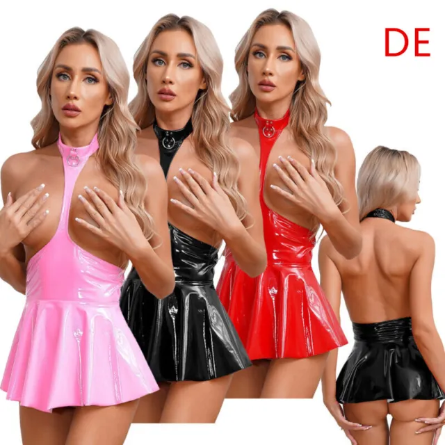 DE Damen Sexy Erotisch Kleid Kunstleder Mini Kleid Nachtwäsche Wet Look Clubwear