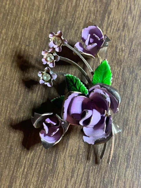Vintage Purple Enamel RS Multiple Flower Goldtone Pin Brooch Jewelry 1 1/2"