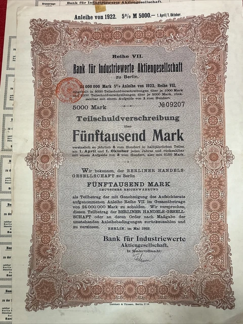 GermanyVintage 5%.Bank fur Industriewerte Aktiengesellschaft Bond 5000 Mark 1922