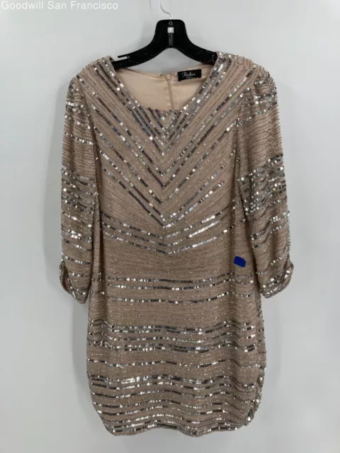 Parker Black Womens Beige Petra Sequin Embellished 3/4 Sleeve Casual Shift Dress