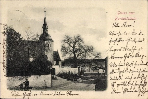 Ak Burkartshain Wurzen in Sachsen, Straßenpartie im Ort, Kirche - 10148671