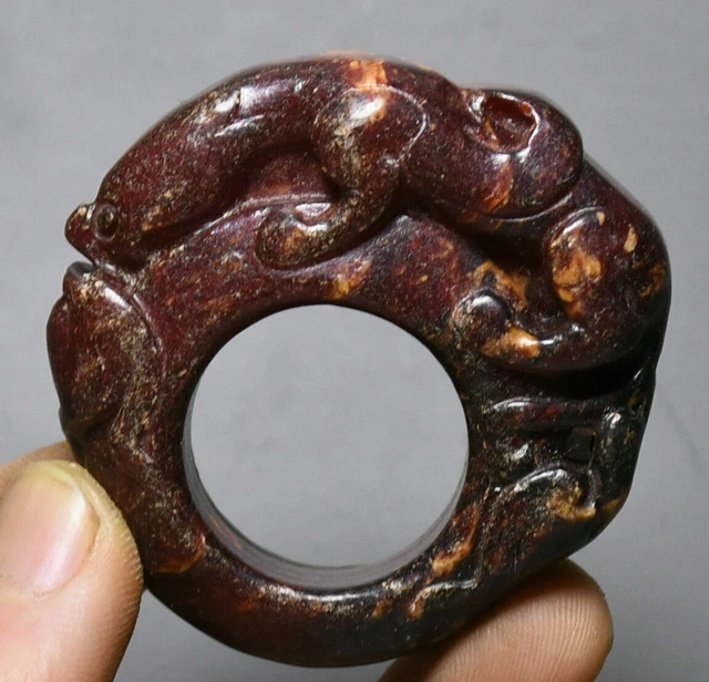 5cm China Hongshan Culture Old Jade Carving Dynasty Dragon Beast Spanner Ring