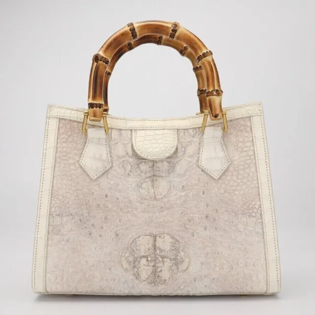 Real Authentic White CrocodileSkin Leather Handbag, Luxury Bamboo Bag for Women