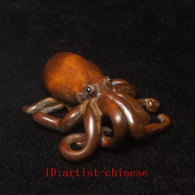 2.7" Old Chinese Boxwood Hand Carved octopus fish Statue netsuke Gift Collection