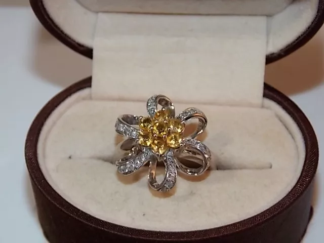 10K Weiß Gold Größe 7.5 Cocktail Ring Goldener Topas Cz Blume 5.2 Gr 10h 77