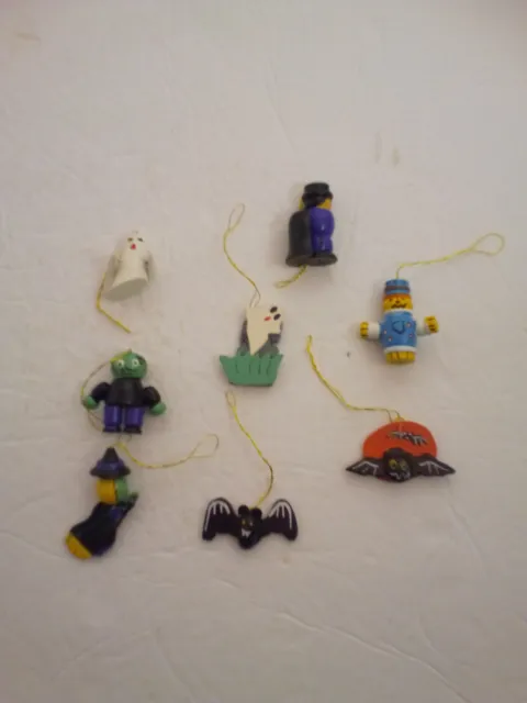 Lot of 8 Mini Halloween Tree Ornaments Wood Ghost Witch Bat EUC