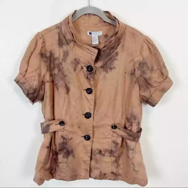 Fitted Jacket Carole Little Women Black Tan Tie Dye Short Sleeves Collared sz M
