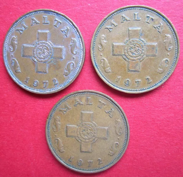 Malta Three Very Collectable  Good Grade Pre Euro One Cent Coins  All Dated 1972