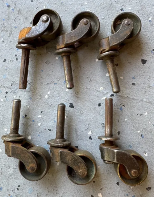 Vintage swivel casters 7/8" solid brass wheel and metal cast frame set of 6