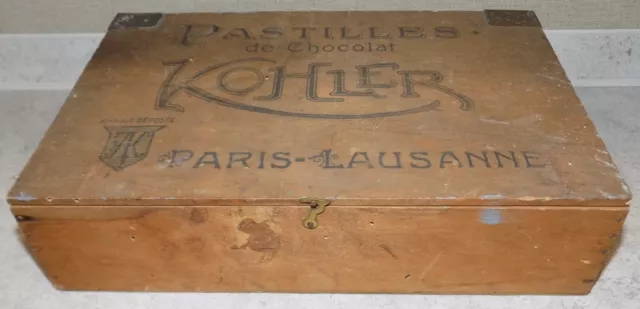 Ancienne Et Rare Boite En Bois Pastilles De Chocaolat Kohler Paris Lausanne Pub