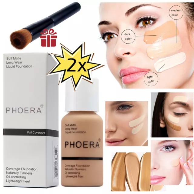 2 Bottles PHOERA® Foundation Concealer Full Coverage Face Makeup Liquid Matte