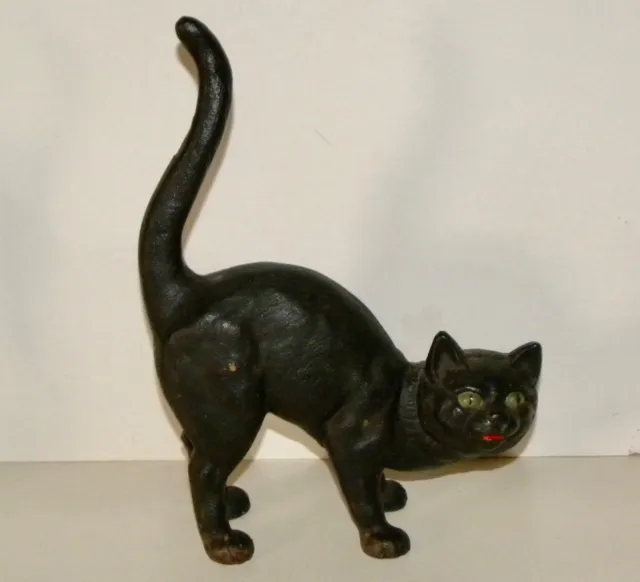 Vintage Cast Iron 10½" Black Cat Arched-Back Green Eyes Doorstop Halloween Decor