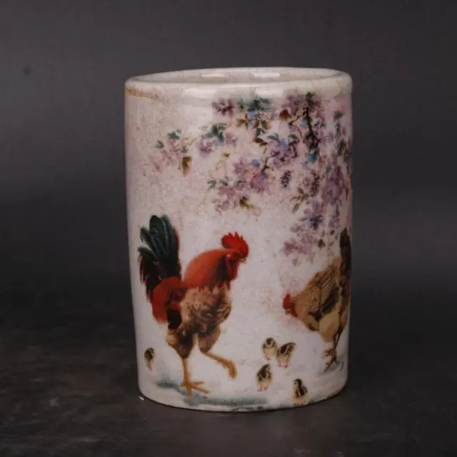 Chinese Porcelain Qing Qianlong Famille Rose Chicken Pattern Brush Pots 4.52''