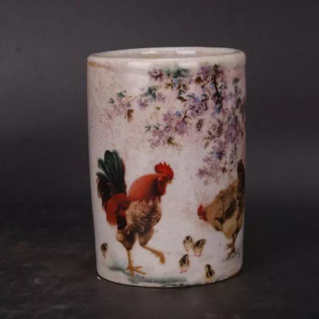 Chinese Porcelain Qing Qianlong Famille Rose Chicken Pattern Brush Pots 4.52''