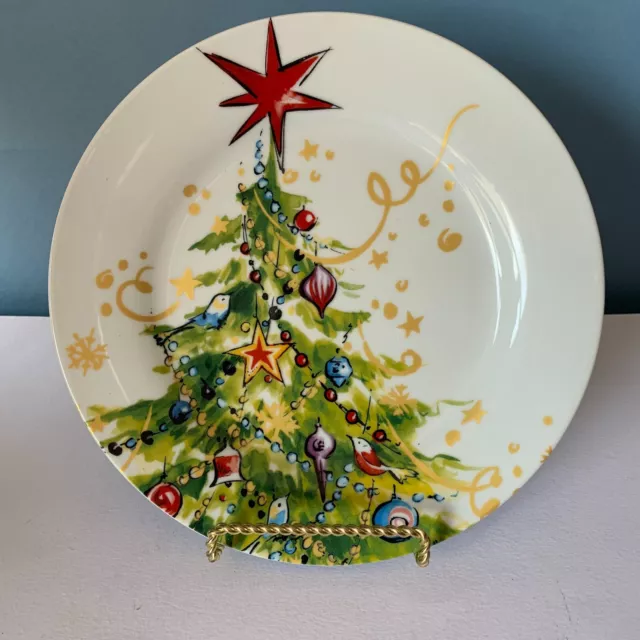 Pottery Barn CHRISTMAS TREE 9" Dinner Plates Ornaments Gold Stars RARE