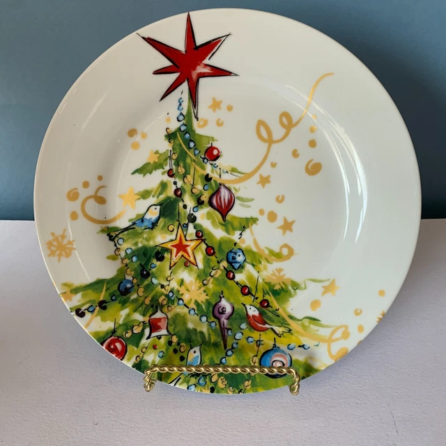 Pottery Barn CHRISTMAS TREE 9" Dinner Plates Ornaments Gold Stars RARE