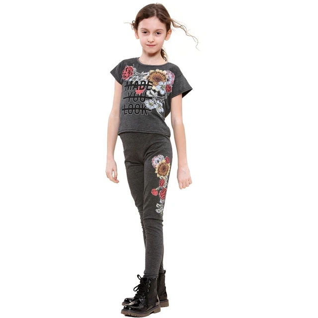 Bambini Top Maniche Corte Fatto You Look Stampa Carbone & Set Leggings