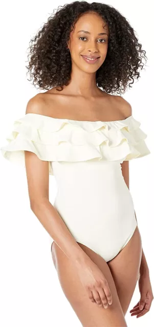 Kate Spade New York Palm Ruffle Off-The-Shoulder One-Piece, Ivory, Large