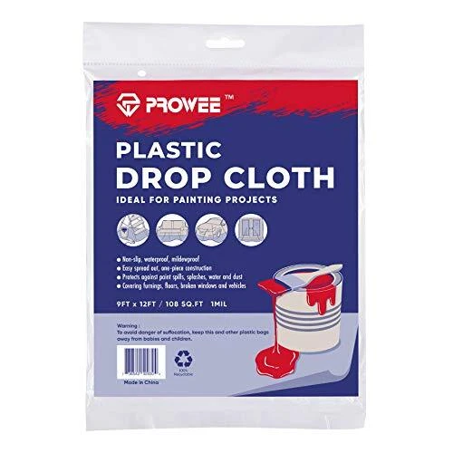 Plastic Drop Cloth for Painting 9-Feet x 12-Feet Waterproof Paint Floor Cover