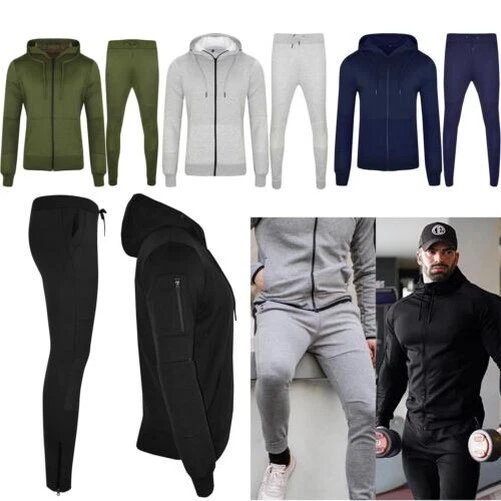Uomo Slim Felpa con Cappuccio Palestra Set Top Pantaloni da Jogging Skinny Tuta