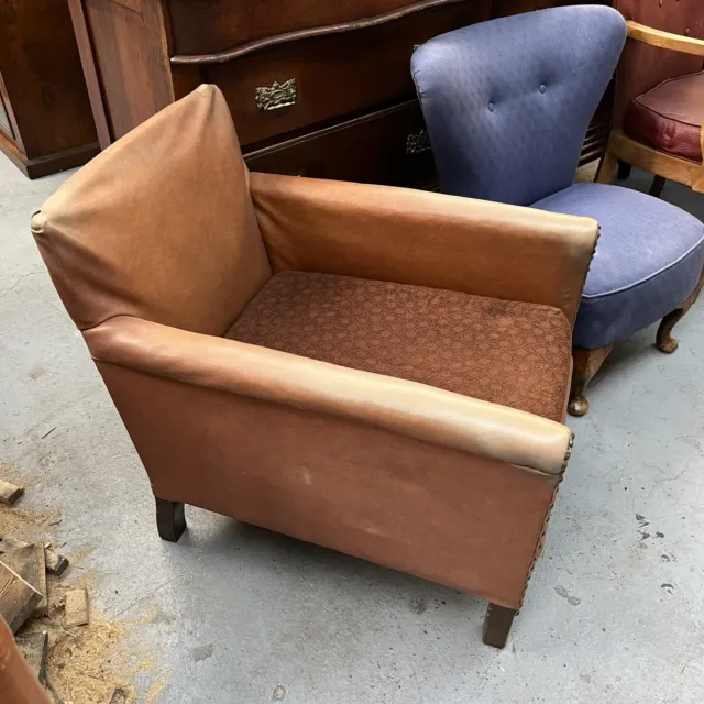 Antique Tan Brown Low Deep Leather Club Chair  Armchair