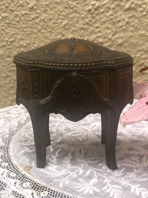 Boîte à Bijoux Ancienne En Régule Doré - Vintage Capitonnée Marque Déposé 380 - Rare