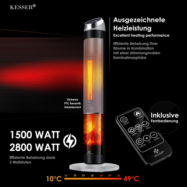 RETOURE Turmheizstrahler 2800W Heizstrahler Infrarotheizstrahler Kamineffekt 2