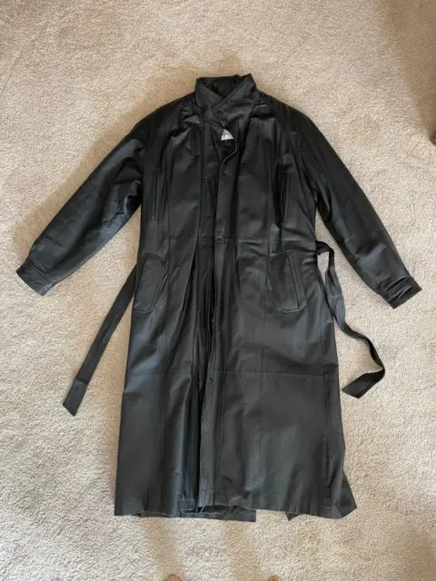 Men's Vintage Black Leather Full Trench Coat Duster L Long Coat Belt Zipper