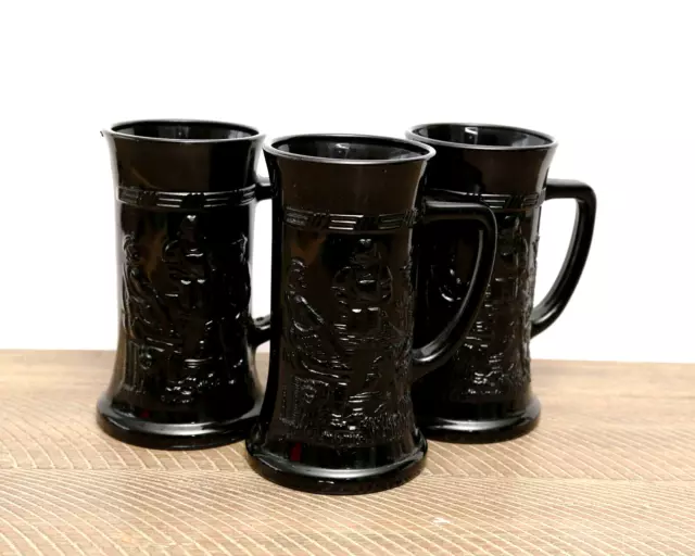 Vintage Black Tiara Glass Beer Stein Tankard Mug Pub Bar Scene, Set of 3