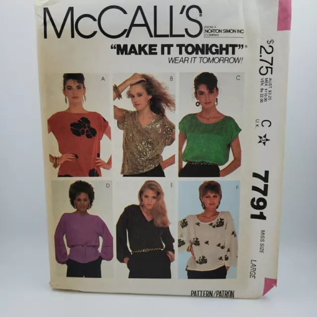 McCall's 7791 Women's Pull Over Top Various Options Pattern Size Large Uncut