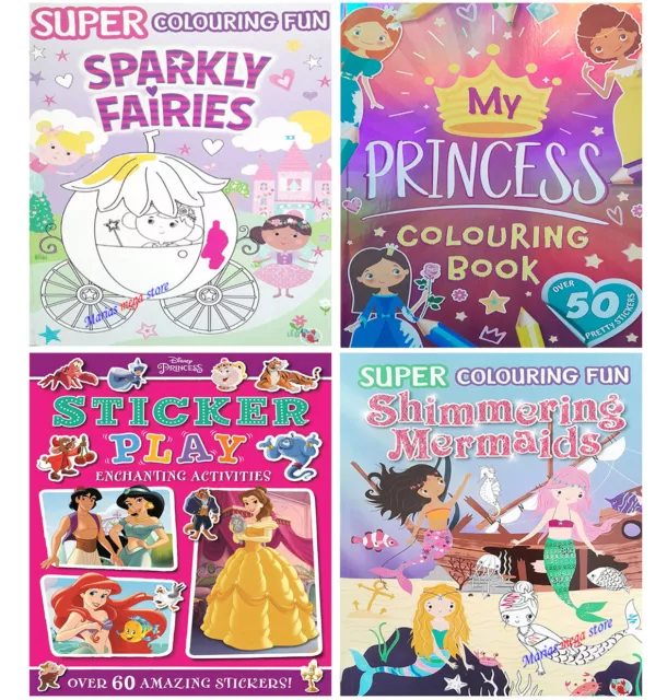 Girls Colouring Books Kids Childrens Sticker Activity Book Princess Mermaids