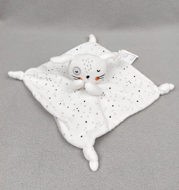 Doudou plat lapin blanc argent cocard Siplec Leclerc pois noir gris TBE