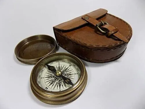 Authentic Vintage Style Brass Pocket Compass with Leather Case Rustic Gift