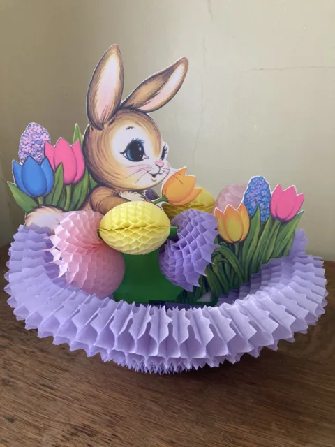 Vintage Beistle Easter Bunny Egg Basket  Lavender Tissue Honeycomb Centerpiece
