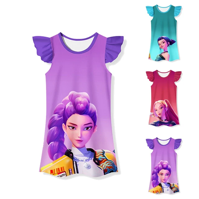 Costume K-Pop Chasse Aux Démons Pour Fille - 3 Pièces (gilet, Manteau, Jupe), Imprimé Pailleté, Pour Halloween/cosplay