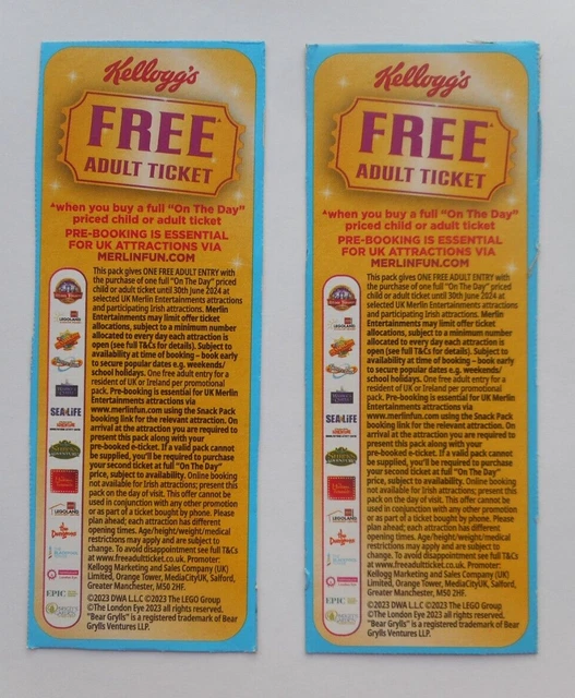 2 X Merlin Adult/Child Ticket Voucher~ Merlin Attractions~Expiry 30Th June 2024
