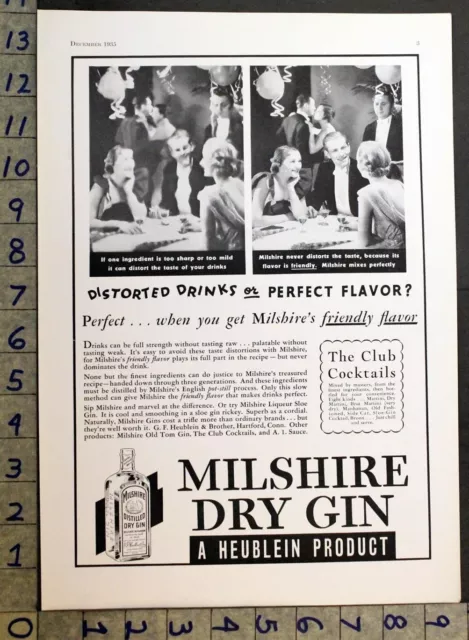 1935 Heublein Milshire Distillery Gin Hartford Club Cocktail Liquor Bar Ad 31050