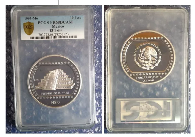 Mexico - precolumbia, EL TAJIN - 5 OZ SILVER 99.9% - PROOF. PCGS PR 68. Pop=3