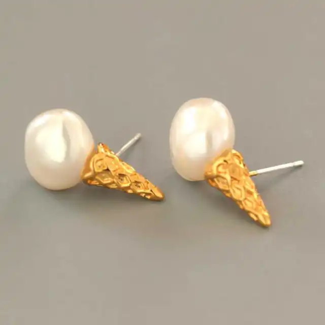 Handmade white freshwater Baroque Pearl ice Cream earrings Men Art Handmade