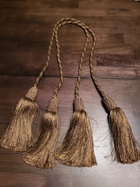 Curtain Tassels Drapery Tie backs Cords set of 2 Brown & Gold Braided Rope