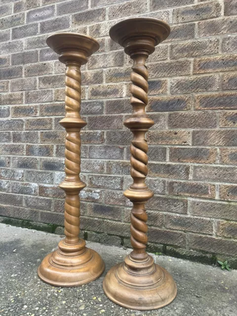 Pair Of Barley Twist Wooden Plant Stand / Torchere / Jardiniere / Lamp Table