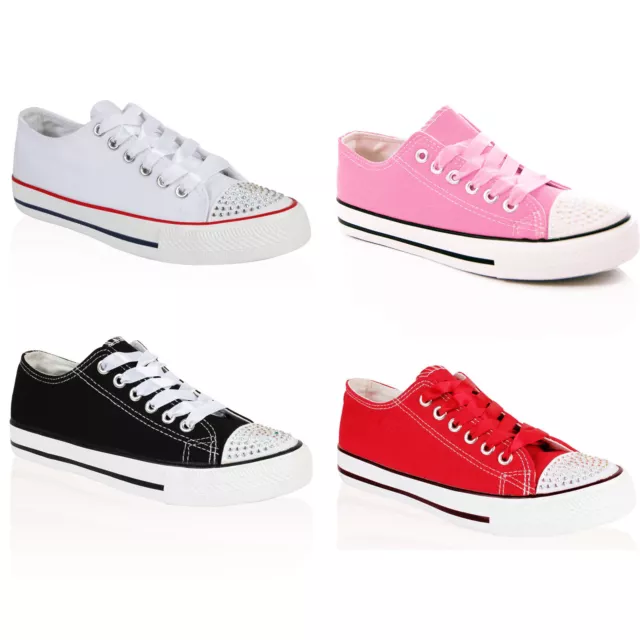 Girls Children Diamante Canvas Flat Plimsolls Pumps Sneaker Trainer Skater Shoes