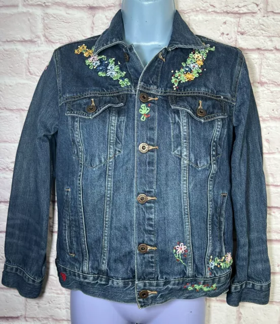 Lucky Brand Denim Handcrafted Jacket Women Size Small Embroidered Flowers