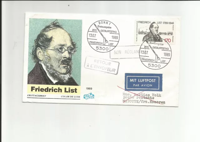 Bund / Mi.-Nr. 1429 als EF auf Luftp.-FDC mit ESST n. frz. Komoren, Retour-Stemp