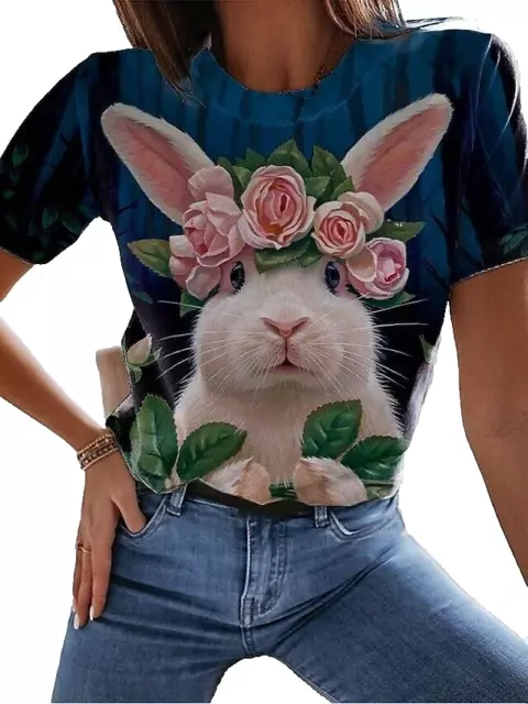 T Shirt Femme Pâques Animal Lapin Col Rond Bleu Micro-Elastique Manche Courte