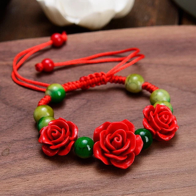 Handmade Rose Flower Bead Braided Rope Ethnic Bracelet Adjustable Women Jewelry