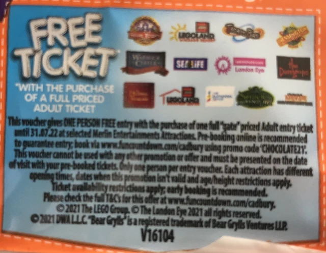 Free Merlin Ticket Voucher Legoland Alton Thorpe Shrek Eye Dungeon Blackpool 622