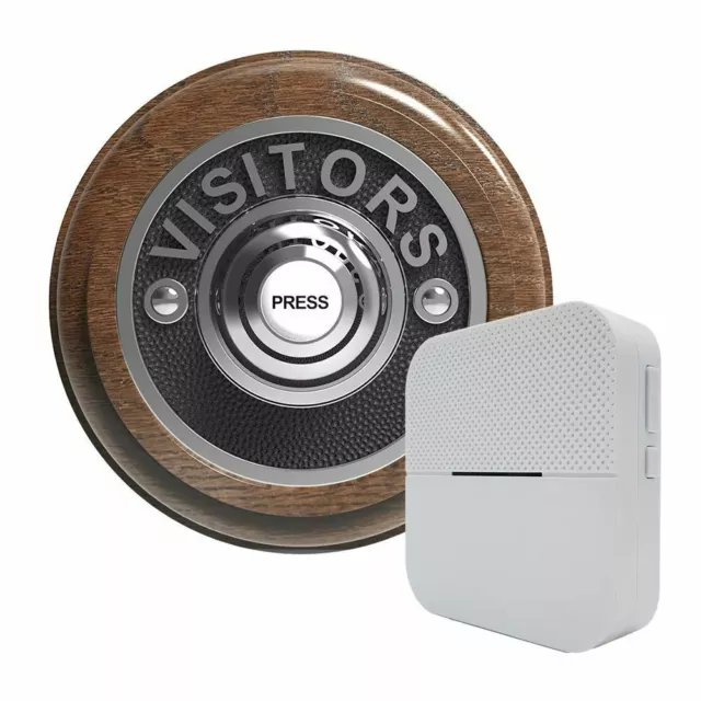 Traditional Round Wireless Doorbell VISITORS in Tudor Oak and Chrome